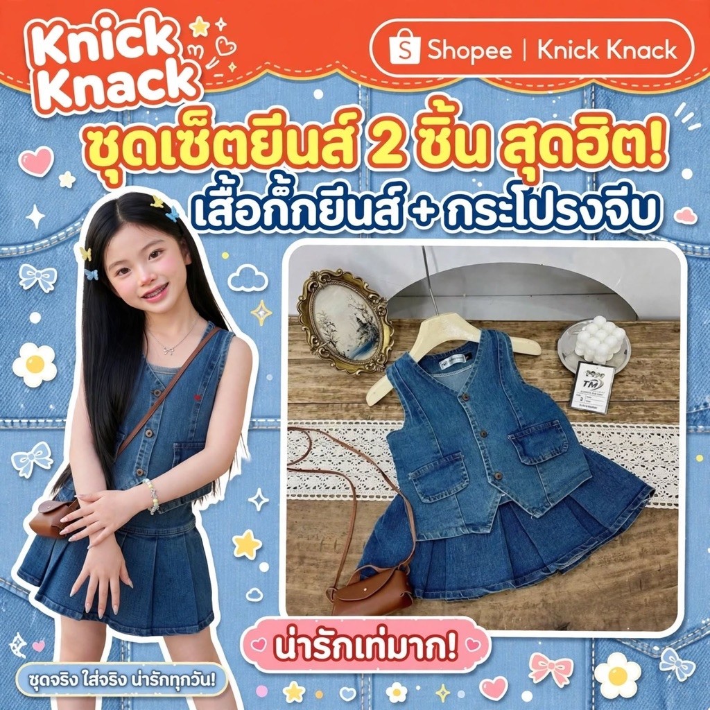 พร้อมส่ง ชุดเซต เสื้อ กระโปรงยีนแท้ ในภาพถ่ายจากสินค้าจริง