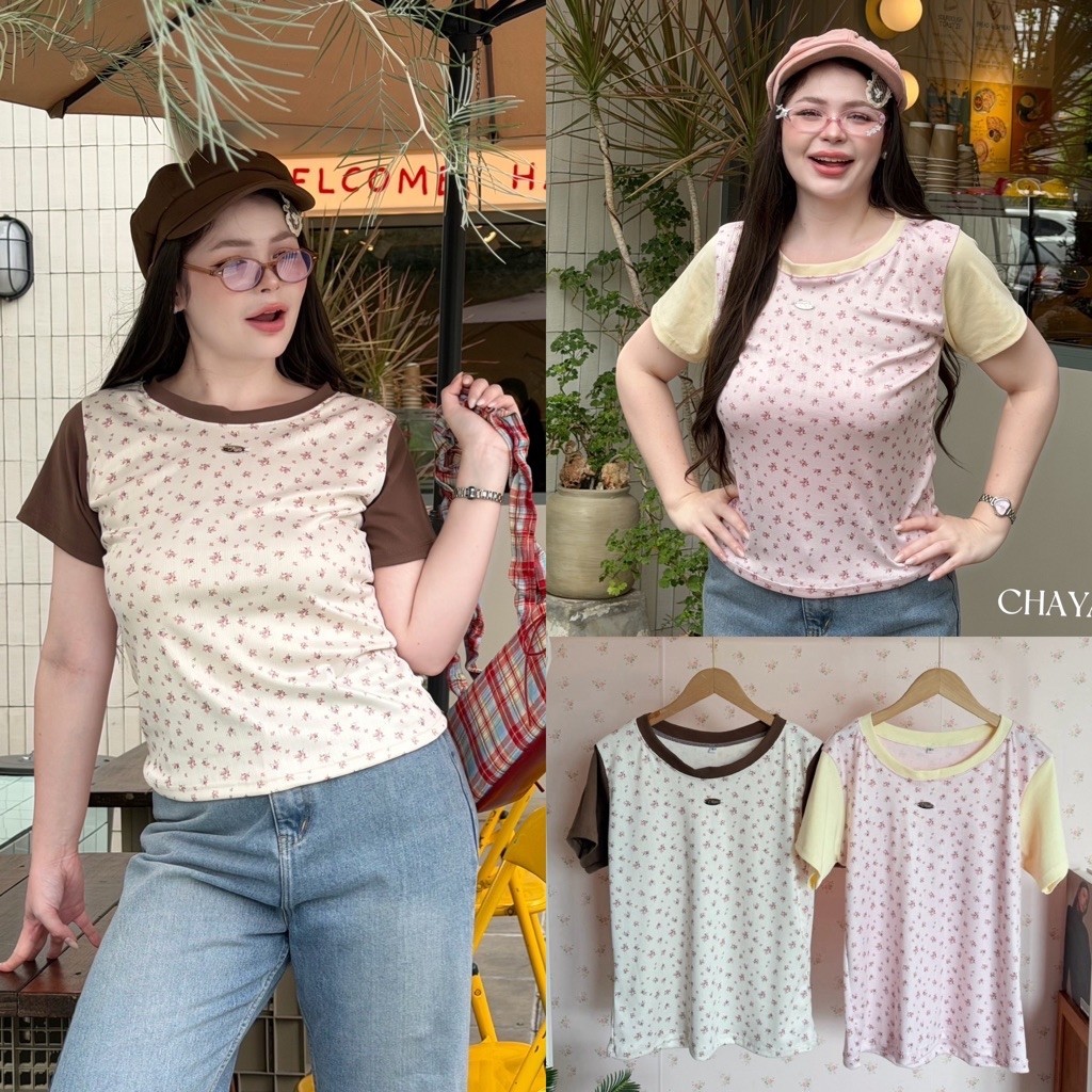 /LD/ เสื้อทูโทนลายดอกเล็ก มีไซส์อก36-52 ผ้ายืดร่องไหมพรม แต่งคอและแขนสลับสี น่ารักมาก #สาวอวบอ้วน พลัสไซส์