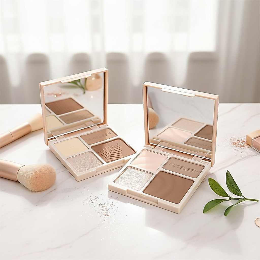 พาเลทคอนทัวร์และไฮไลท์ MUGE LEEN 4-in-1 สําหรับผู้หญิง, เฉดดิ้งแมตต์ละเอียด, คอนทัวร์จมูก, เพิ่มความสว่าง