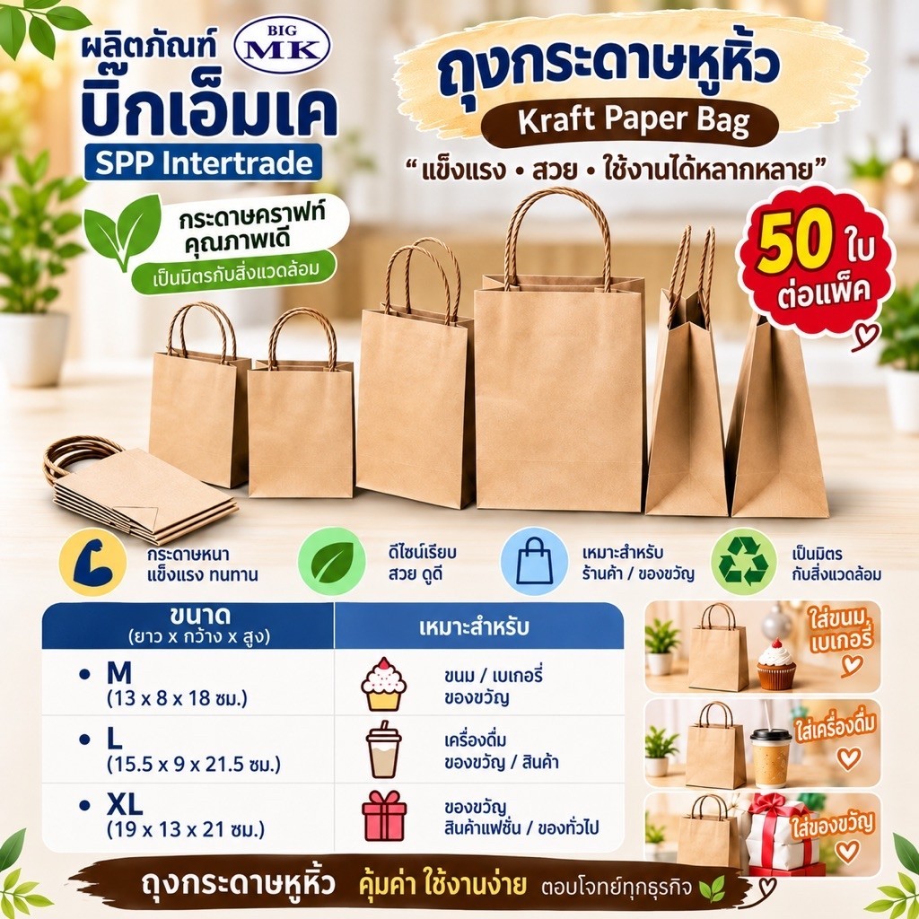 ถุงกระดาษคราฟท์ ถุงกระดาษจัดเบรค ถุงกระดาษมีหูเกลียว [แพ็ค50ใบ]