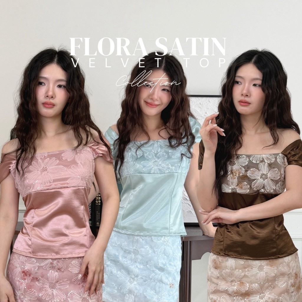 Flora Satin Velvet Top (ราคา 490 )แต่งปักเลื่อมลายดอกไม้ ไซค์ XS-3XL- ผู้หญิง