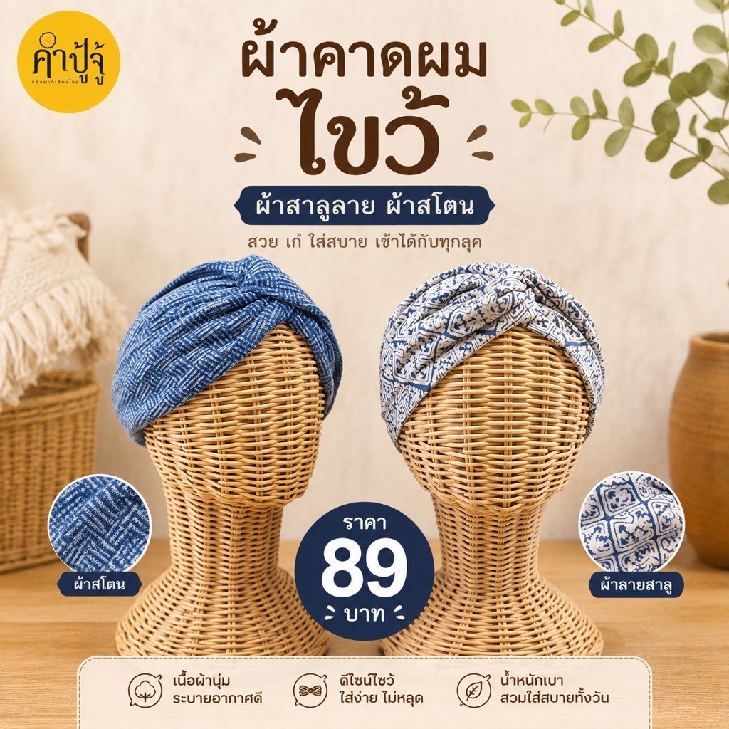 ผ้าคาดผมไขว้ ผ้าสาลูลาย ผ้าสโตน ยางยืด