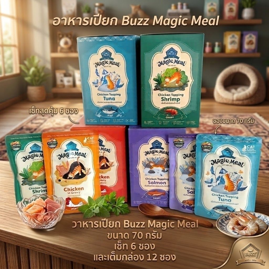 Buzz Magic Meal อาหารเปียกแมว Human Grade ผักและผลไม้ 5 สี (เซท 6 ซองและ 12 ซอง)