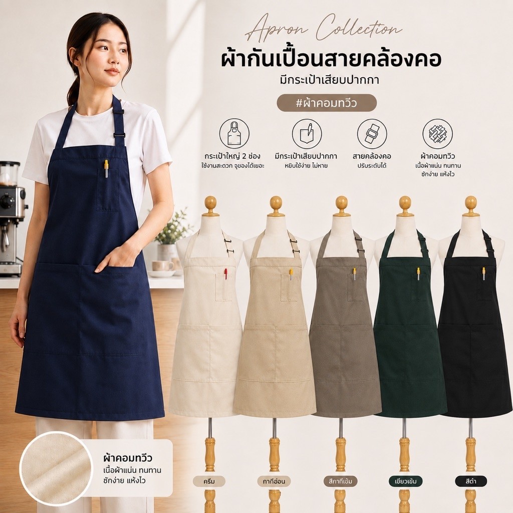 ผ้ากันเปื้อนสายคล้องคอ มีกระเป๋าเสียบปากกาตรงอกด้านซ้าย,ผ้าคอมทวิว