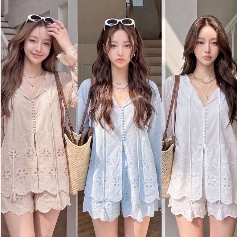 เตรียมส่ง2วัน kcottoncandy เซทลูกไม้สั่งฉลุพิเศษ รุ่นนี้งานสวยมาก ผ้าลายสวยงานดี โทนสีสวยๆละมุนๆ