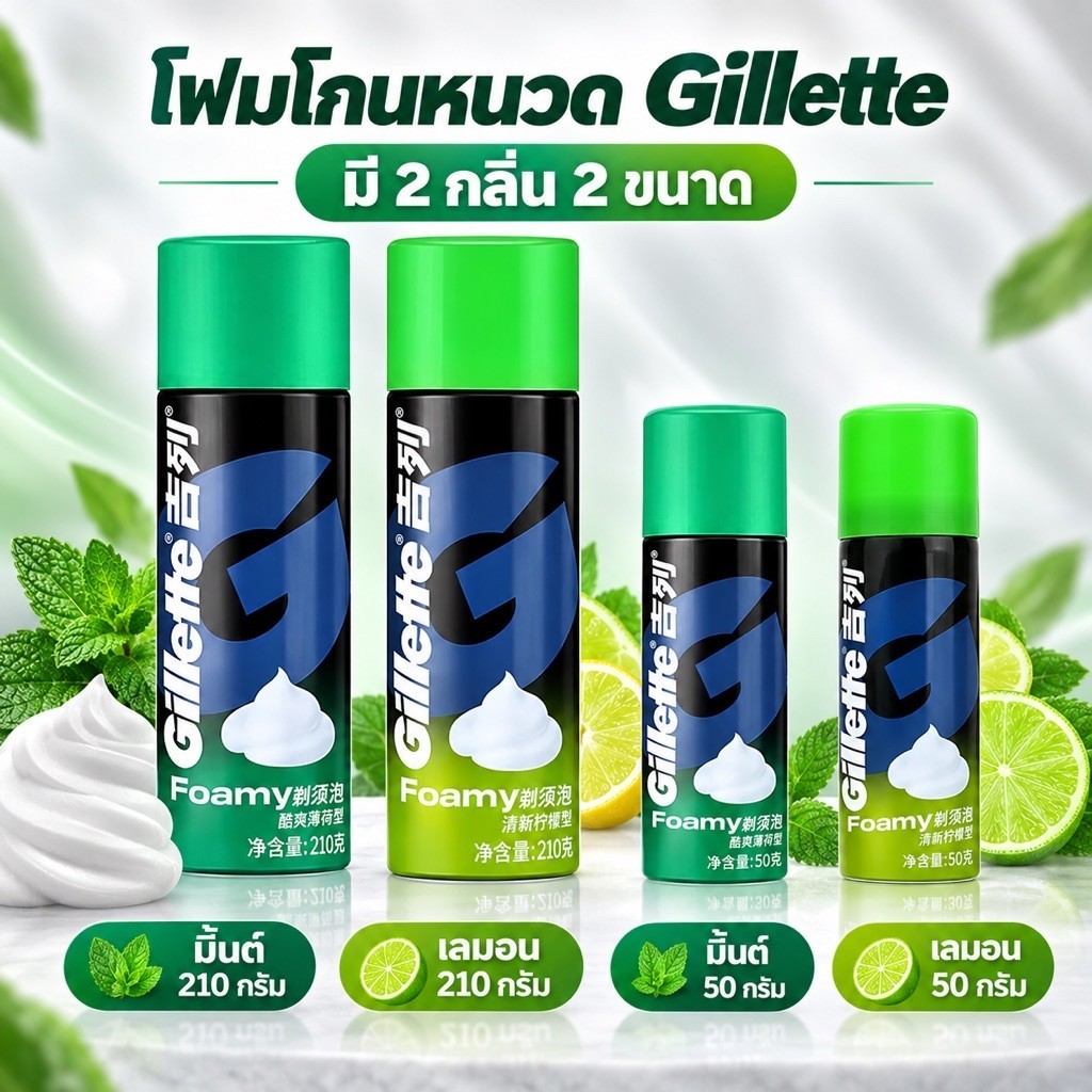 Gillette Foamy โฟมโกนหนวด กลิ่นมิ้นต์/เลมอน เนื้อโฟมนุ่ม ขนาด 50 กรัม และ 210 กรัม