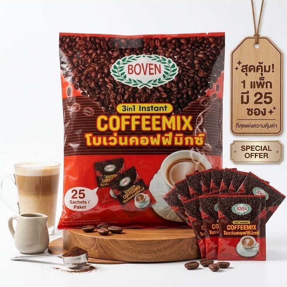 กาแฟ 3 in 1 ชนิดผง Boven coffeemix instant แพ็ค 25 ซอง