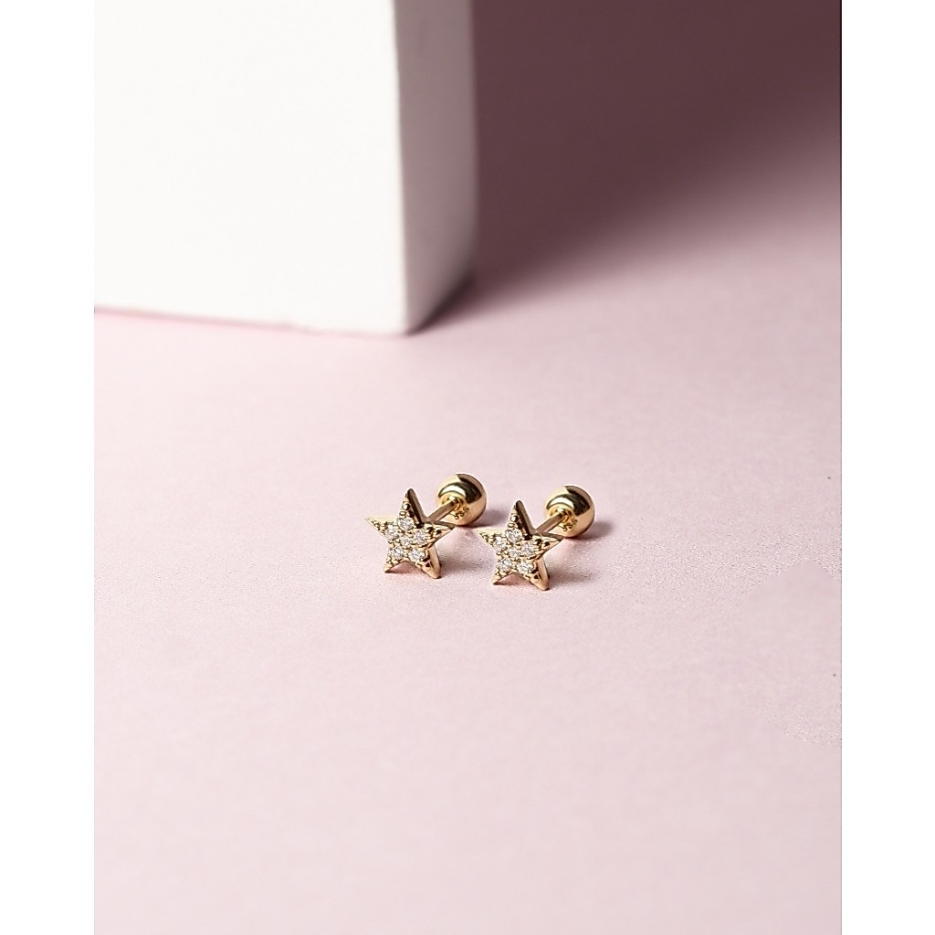 ต่างหูปักก้านทองแท้ 9K รูปดาวเพชรแท้ Star Diamonds Studs (แป้นหมุน)