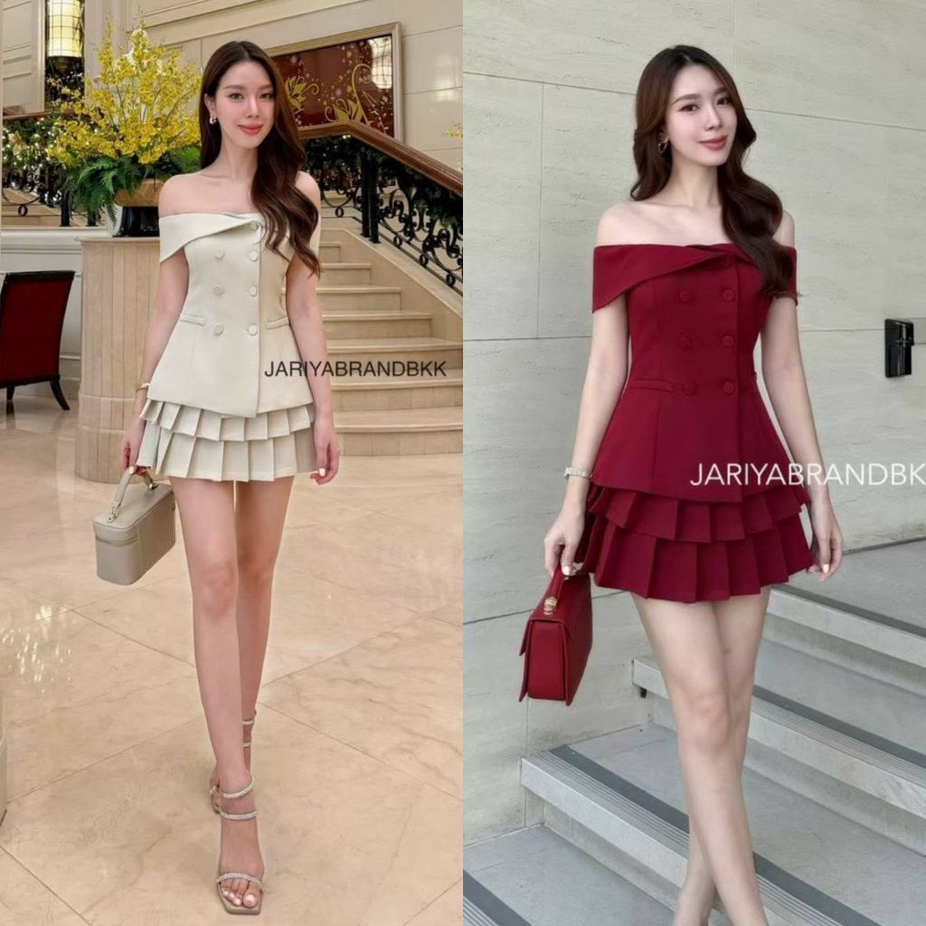 (S-XL) JARIYA ✅️พร้อมส่งชุดเซ็ท2ชิ้นเสืเอปาดไหล่มีแขนแต่งกระดุม+กระโปรงพีทมีซับในกางเกงขาสั้น