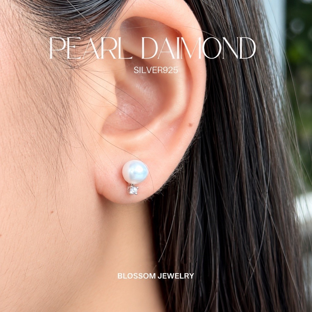Pearl Daimond l ต่างหูไข่มุก เพชร | ขนาด 6*8 มิล | เงินแท้92.5% | ต่างหูเงินแท้ ผู้ที่แพ้ง่ายใส่ได้ (ราคาต่อคู่)