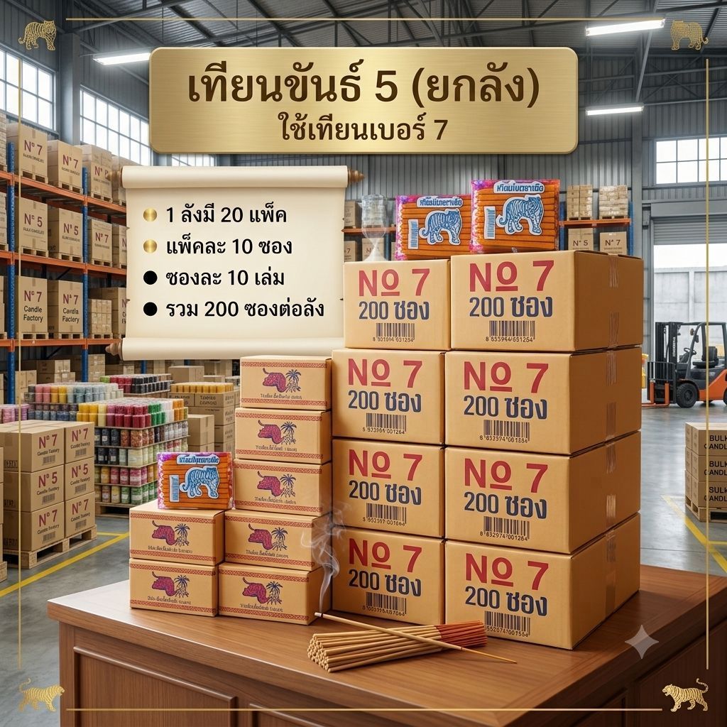 เทียนเบอร์ 7 ยกลัง เทียนขันธ์ 5 ตราเสือ 200 ชิ้น (กล่อง 1 ลัง)