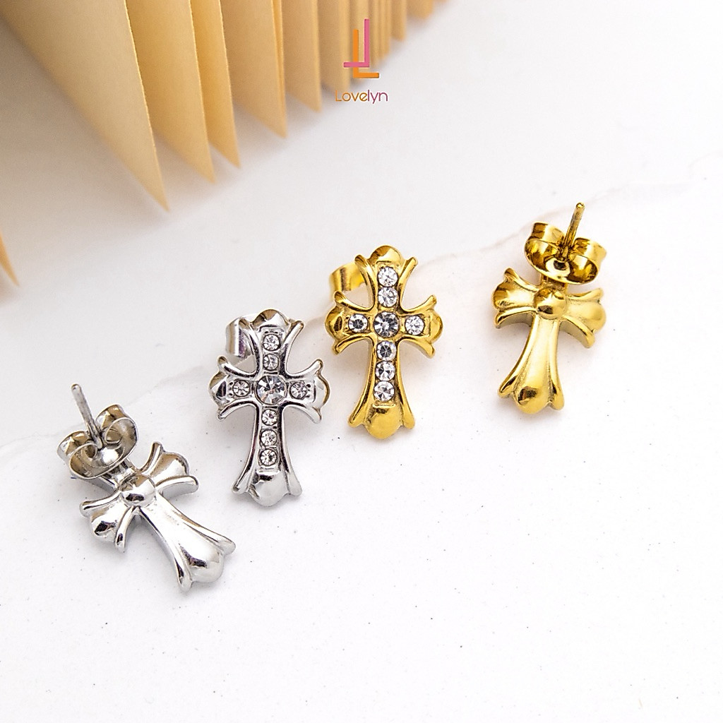 ✨Lovelyn ต่างหูสแตนเลสไม้กางเขน เพชร CZ Stainless steel