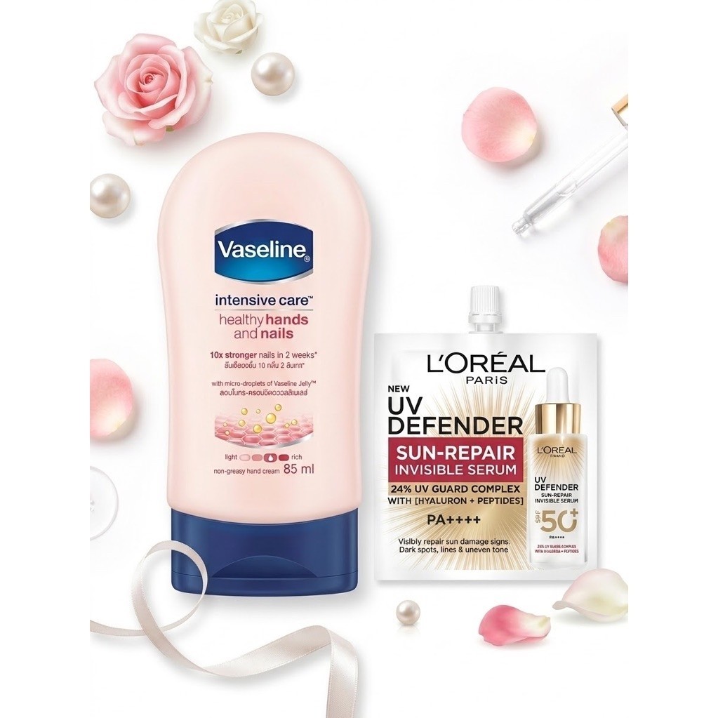 เซ็ต Vaseline Healthy Hands & Nails 85ml + L'Oreal UV Defender Sun-Repair Serum ขนาดทดลอง 1.5ml