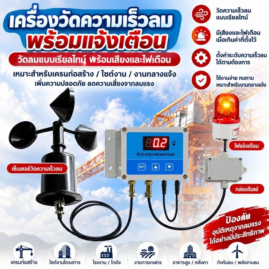 เครื่องวัดความเร็วลม พร้อมเสียงและไฟแจ้งเตือน วัดความเร็วลมแบบ Real-time…