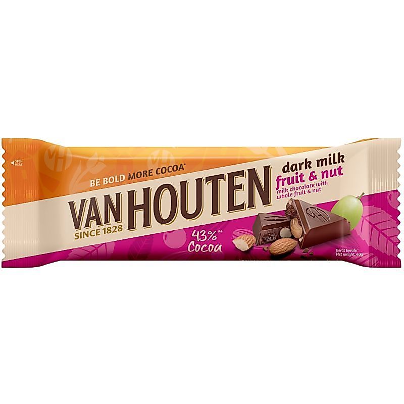 แวนฮูเต็นดาร์กมิลค์ฟรุตแอนด์นัทช็อกโกแลต 40กรัม Van Houten Dark Milk Fruit and Nut Chocolate 40g.