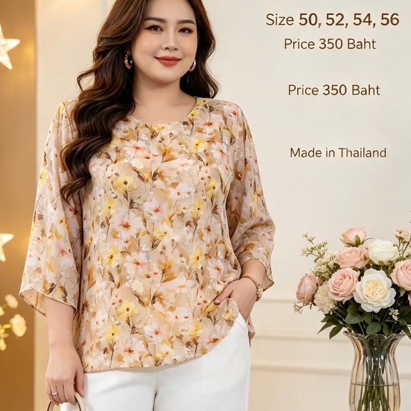 ใหม่(อก 56“) เสื้อชีฟอง ลายดอก เสื้อคอกลม แขนตรง ไซส์ใหญ่ Bigzise
