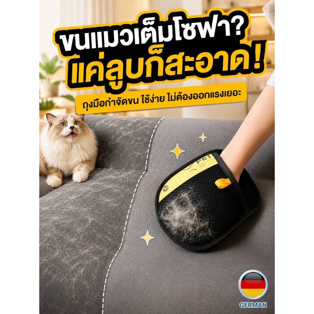 Petclear ถุงมือเก็บขนสัตว์เลี้ยง แปรงขนแมว กำจัดขนหมา ขนแมวบนผ้า ใช้งานง่าย