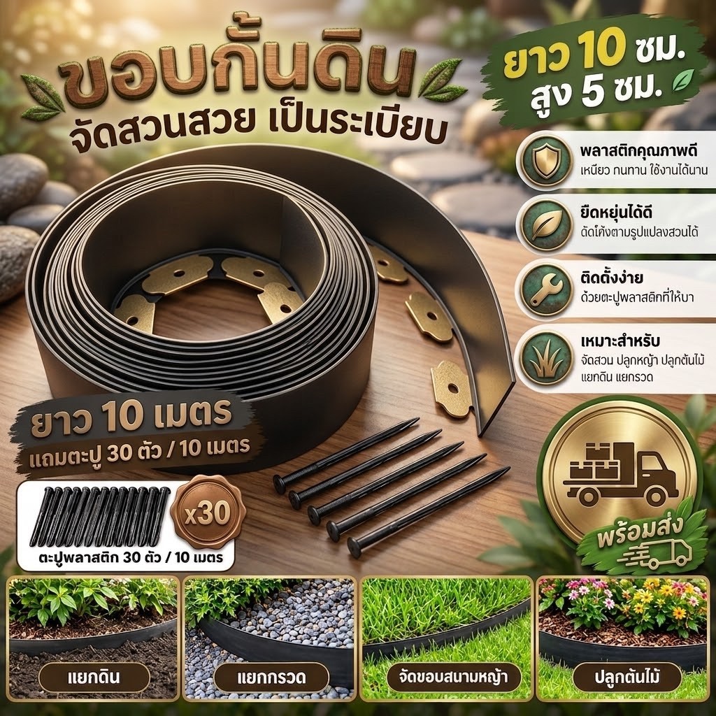 ขอบกันดิน ขอบกั้นดิน 10เมตร ( พร้อมตะปู) อย่างดี มีคุณภาพ ใช้งานยาวนาน จัดสวน ที่กันดินไหล กันหิน