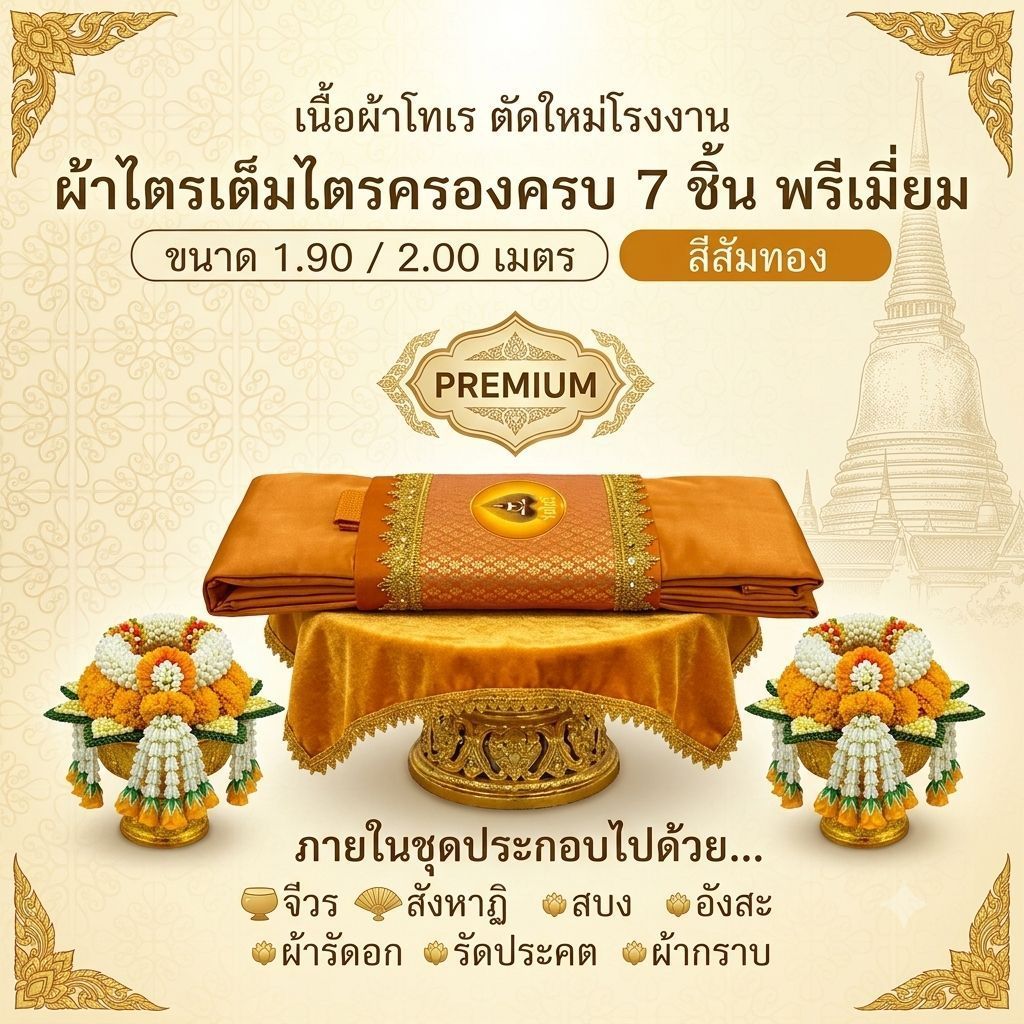 ไตรเต็มไตรครองผ้าโทเรเกรดAหุ้มตาข่ายทองขนาด1.9-2.0เมตร
