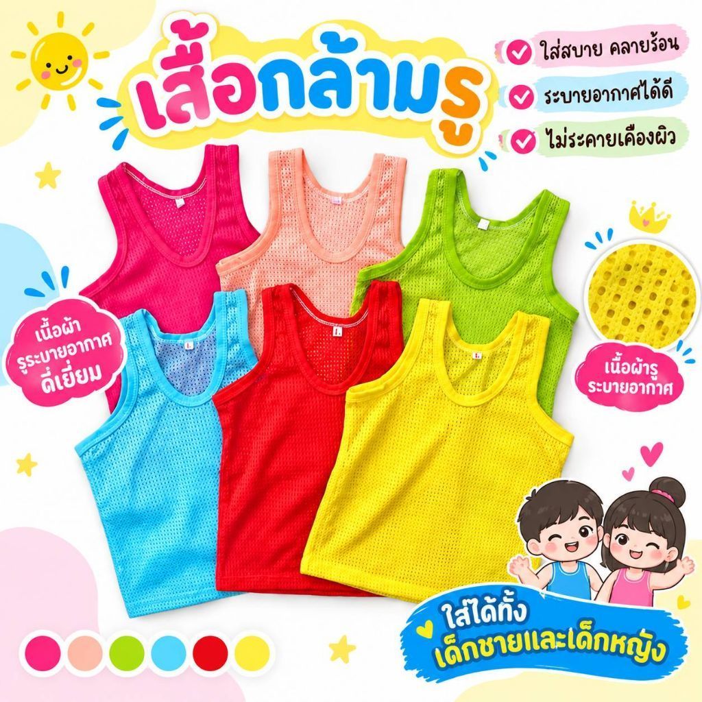akka2 (แพ็ค 3ตัว,6ตัว) เสื้อกล้ามรู เสื้อกล้ามเด็ก ใส่สบาย ระบายอากาศได้ดี