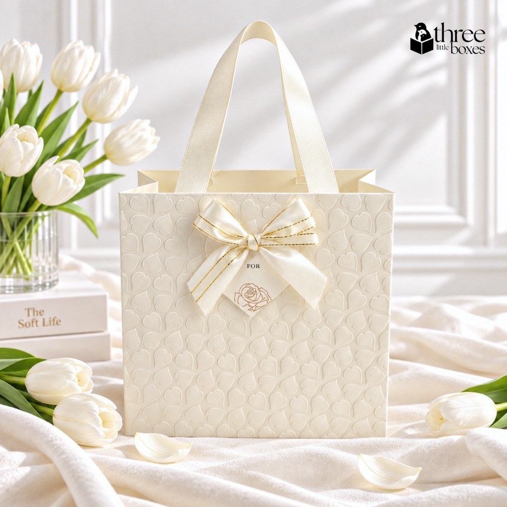 ถุงกระดาษ ลายหัวใจ Just for you ขนาด24x24x10cm. ปั้มนูน ฟอยล์rose gold หูริบบิ้นซ่อนปลาย ถุงใส่ของรับไหว้ รูปที่ 6