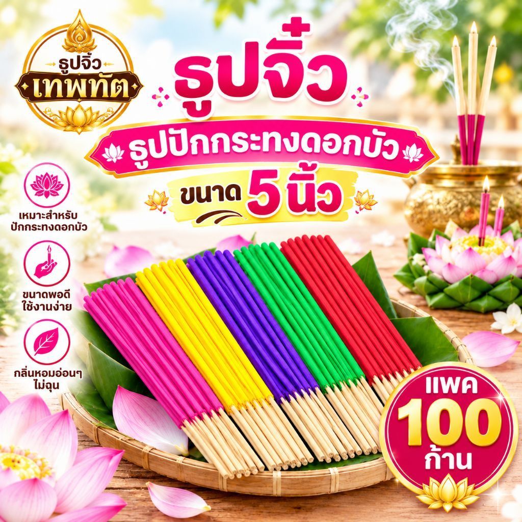 ธูปจิ๋ว 5 นิ้ว แพค 100 ก้าน ปักกระทงดอกบัว กระทงกาบหมาก