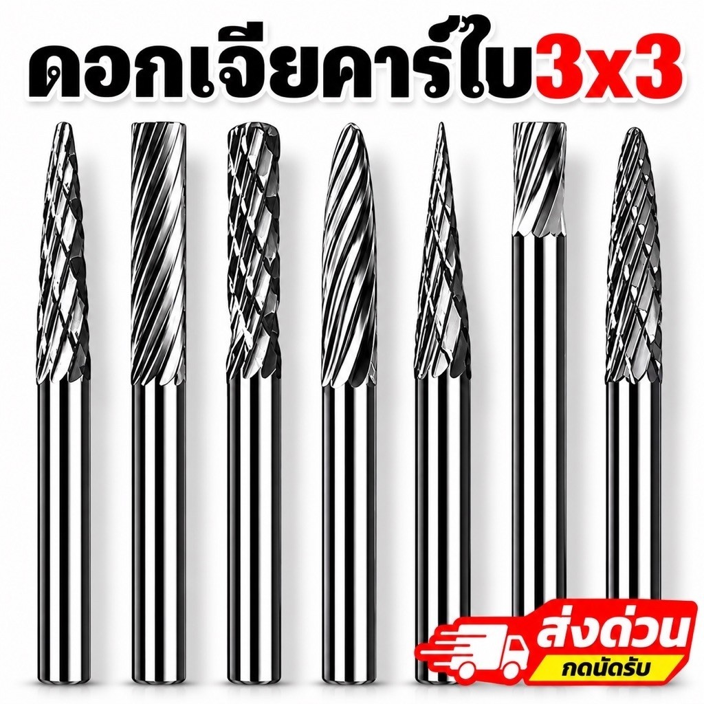 หัวเจียรคาร์ไบด์ แกน3มิล หัวโต3มิล สำหรับแกะสลักไม้ อลูมิเนียม ราคาสินค้า=1ตัว