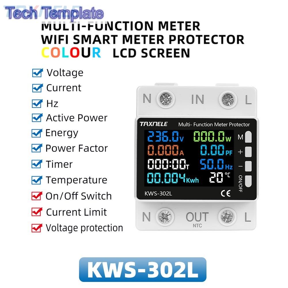 8in1 สวิตช์รีเลย์เบรกเกอร์ มิเตอร์วัดอุณหภูมิ ป้องกันแรงดันไฟฟ้าเกิน kWh KWS-302L