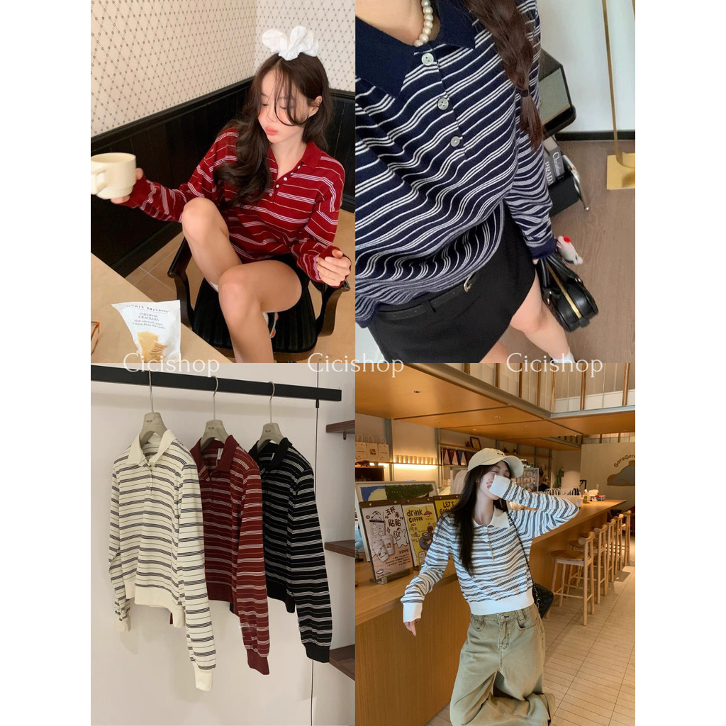 Cicishop(M2466) เสื้อคอปกโปโลแขนยาวลายทาง สีพื้น ผ้าใส่สบายกระดุมใช้งานได้จริง แมทช์ได้ง่ายสไตล์อเมริกัน
