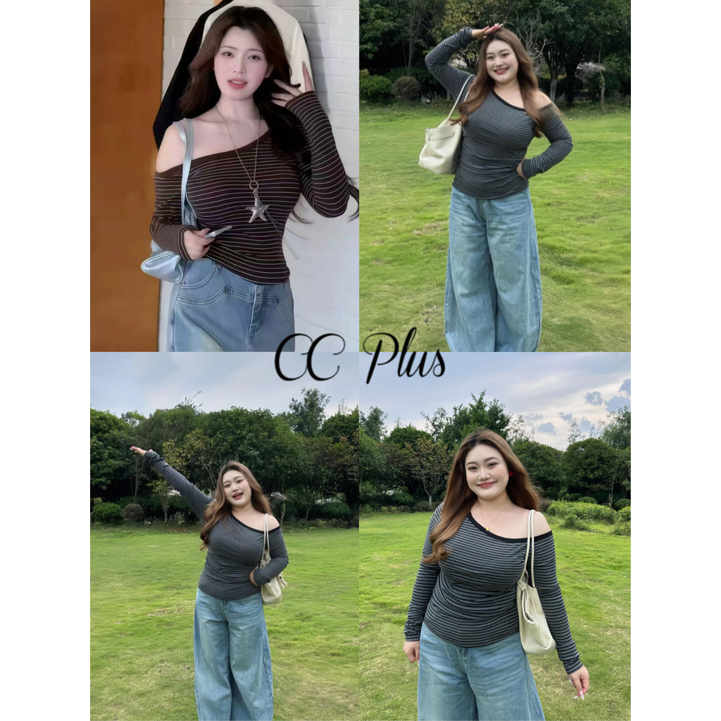 CiCi Plus+(B9001) เสื้อปาดไหล่แขนยาวลายทาง ทรงรัดรูปใส่แล้วดูมีเอวผ้านุ่ม แฟชั่นฤดูใบไม้ร่วงสาวพลัสไซส์
