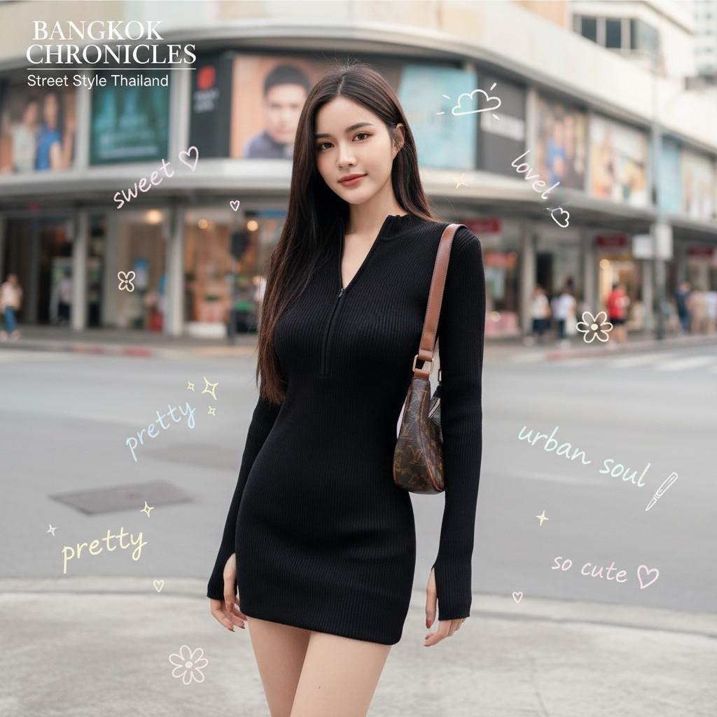 ꕥCatalog Fashionꕥ ชุดเดรสแขนยาว คอสูงรูดซิปเป็นคอปก 2 สี ผ้าร่องยืดตามตัว ใส่สบาย