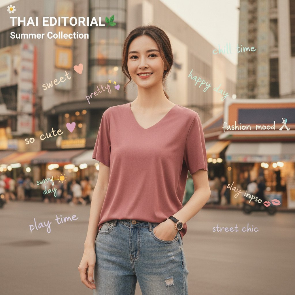 ꕥCatalog Fashionꕥ เสื้อยืดคอวีแขนสั้นสีพื้น สไตล์ตัดไร้ขอบ ผ้านิ่มยืดใส่สบาย