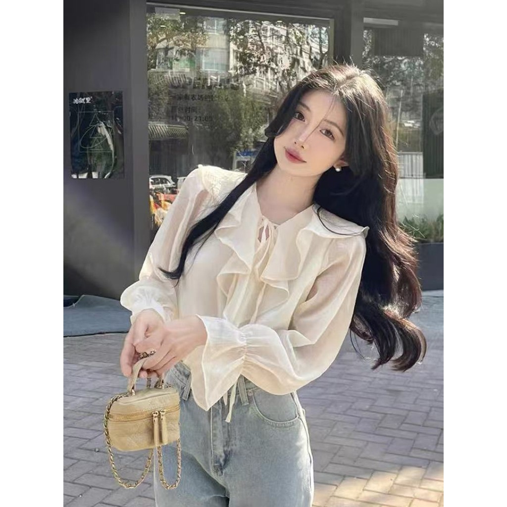 เสื้อเชิ้ตเก๋ไก๋สไตล์เฉพาะตัว เสื้อเชิ้ตผ้าชีฟองแขนยาวสไตล์ฝรั่งเศสแสนหวาน