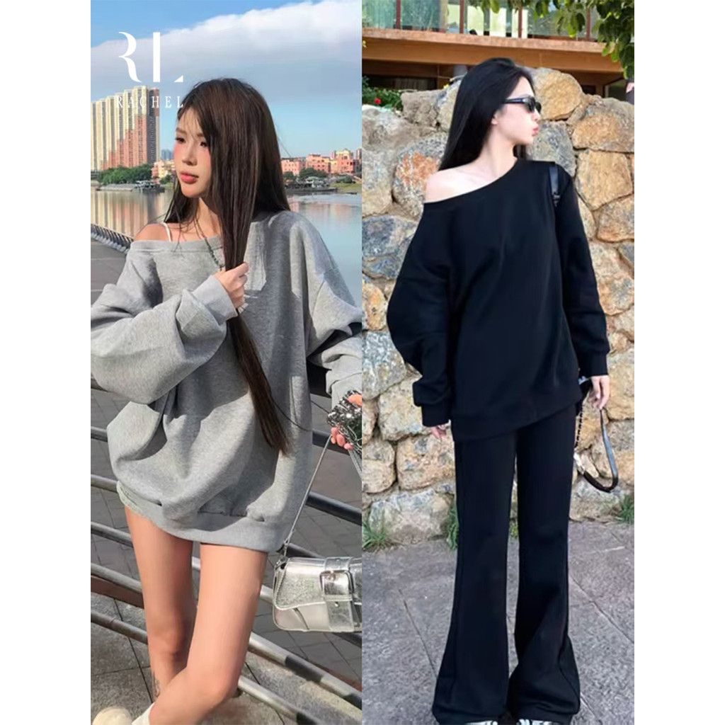 แขนยาวเปิดไหล่ เสื้อผ้าหนาเนื้อดี ทรงหลวม ใส่ได้เก๋ๆ