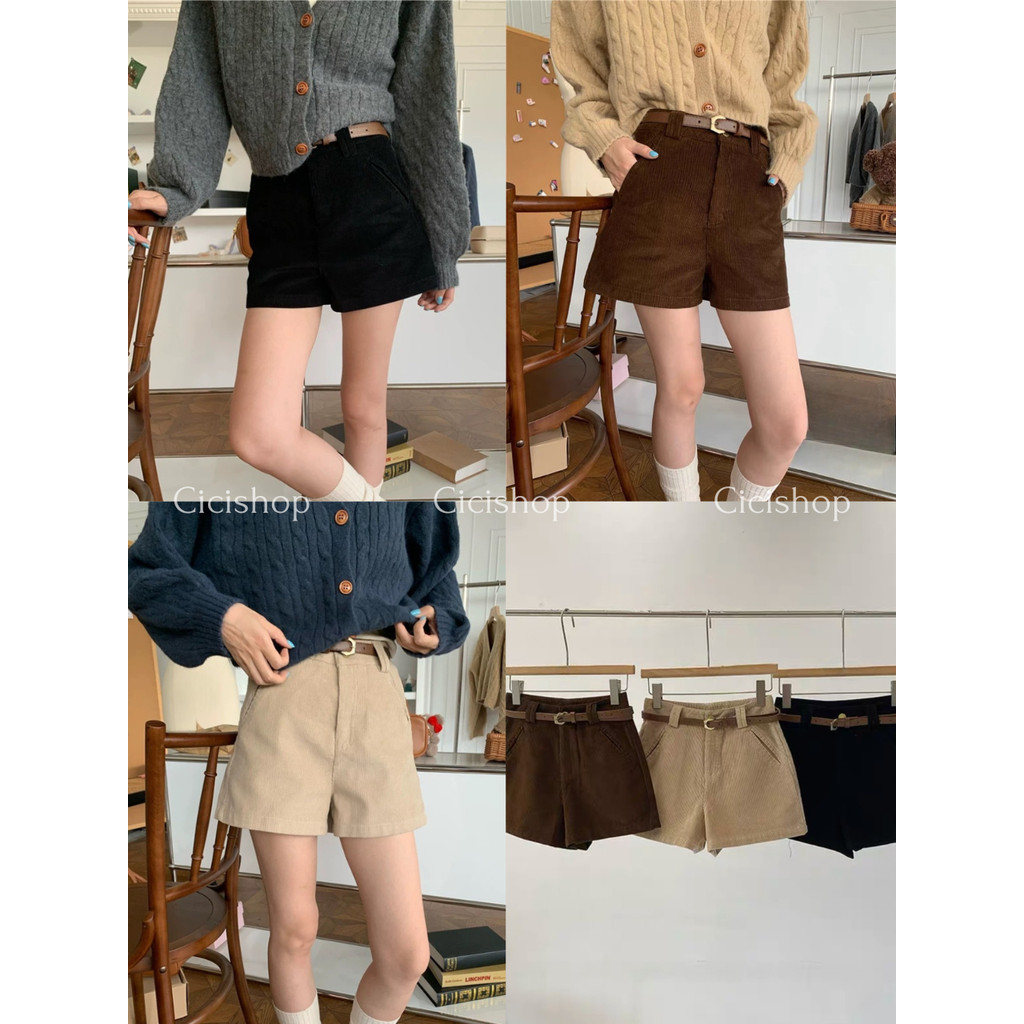 Cicishop(2539)กางเกงขาสั้นลูกฟูกมีกระเป๋าด้านหน้าด้านหลังสามารถใช้งานได้จริงพร้อมเข็มขัดหนังวินเทจสุดๆ เหมาะสำหรับทุกลุค