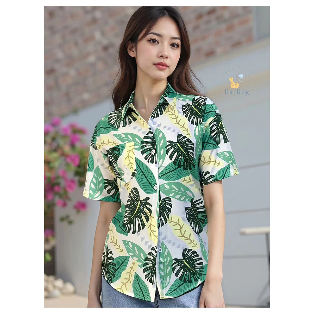 เสื้อเชิ้ตลายใบไม้ คอปก ลายดอกไม้ เสื้อแขนสั้นสำหรับวันพักผ่อน