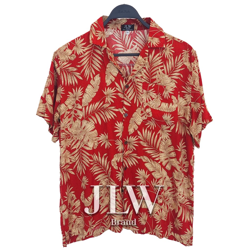 เสื้อฮาวาย ลายแดงใบทอง M L XL Oversize คอฮาวาย JLW BRAND ผ้าเรย่อน เสื้อคริสต์มาส
