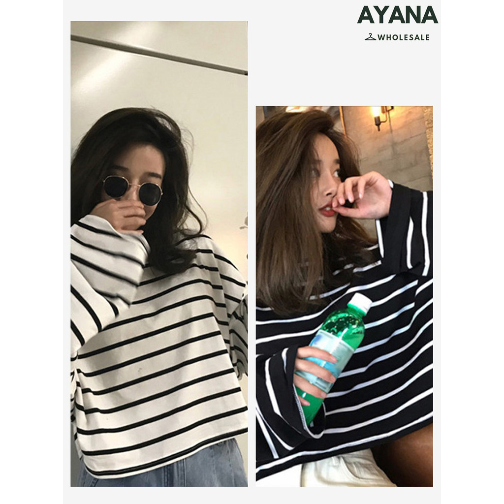 เสื้อยืดแขนยาว  ลายขวางสีสันสดใส สไตล์เกาหลี – โปรปัง
