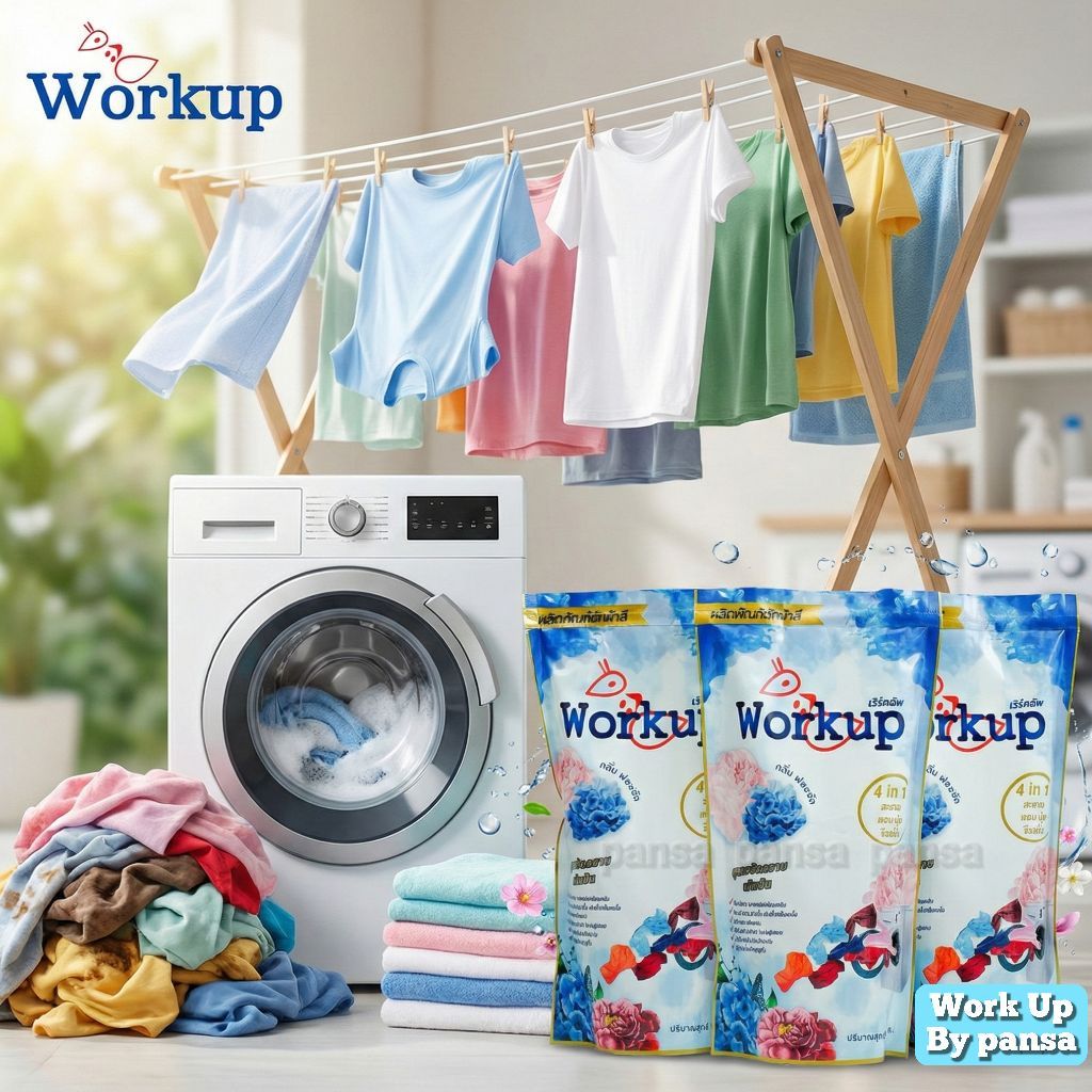 น้ำยาซักผ้าสี WorkUp สูตรน้ำ เกรดโรงแรม ซักรีดแบบซอง
