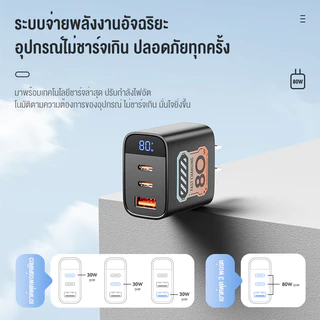 BASIKE Charger 80W 3-in-1 เครื่องชาร์จเร็ว USB Type C แบบ 3 พอร์ต Power Adapter GaN Fast Charger หน้าจอแสดงผลอัจฉริยะ