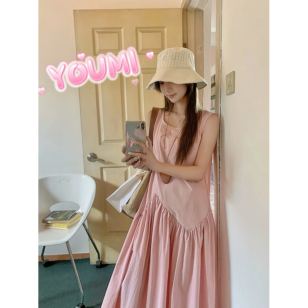 ชุดเดรสยาว เดรสคอกลม เดรสแขนกุด ชุดเที่ยวทะเล เนื้อผ้าใส่สบาย เดรสทรงหลวม