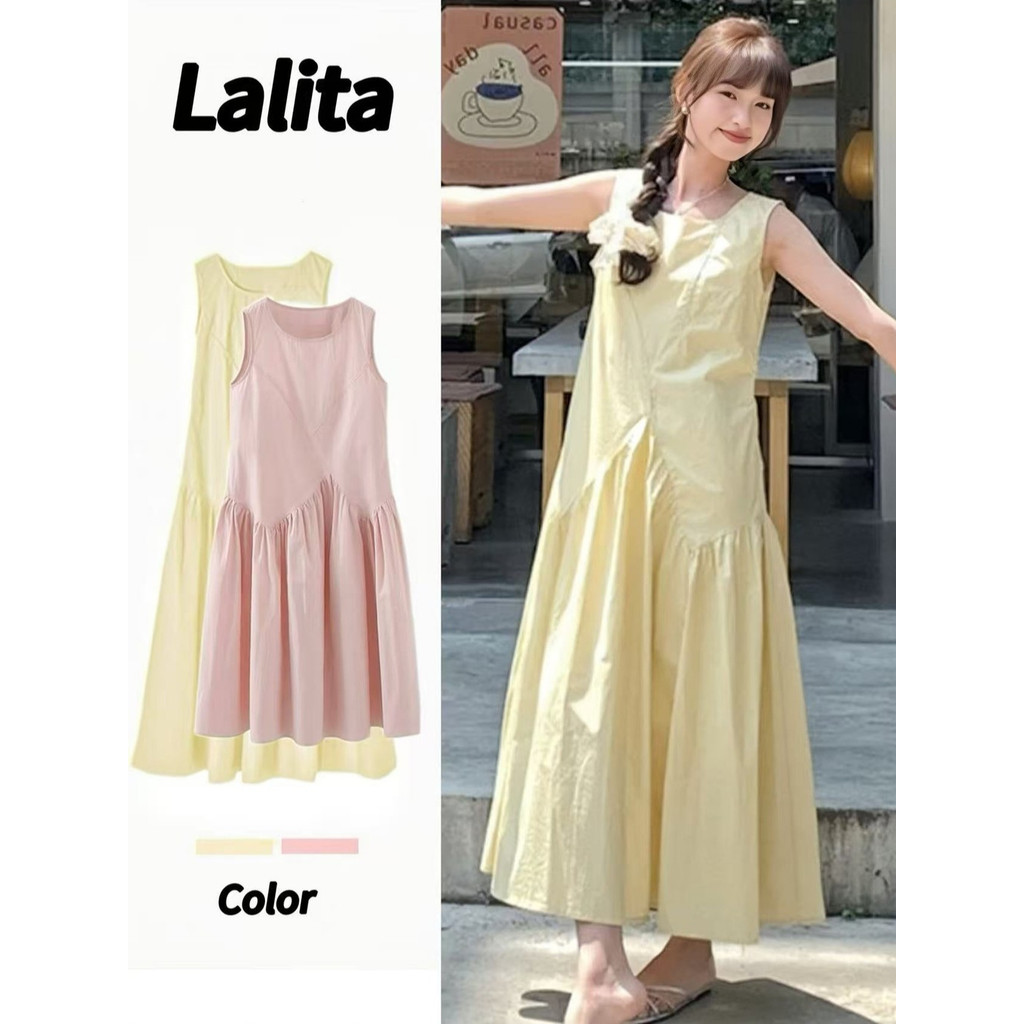 Lalita ชุดเดรสยาว เดรสคอกลม เดรสแขนกุด ชุดเที่ยวทะเล เนื้อผ้าใส่สบาย เดรสทรงหลวม ชุดไปคาเฟ่ ชุดสวย