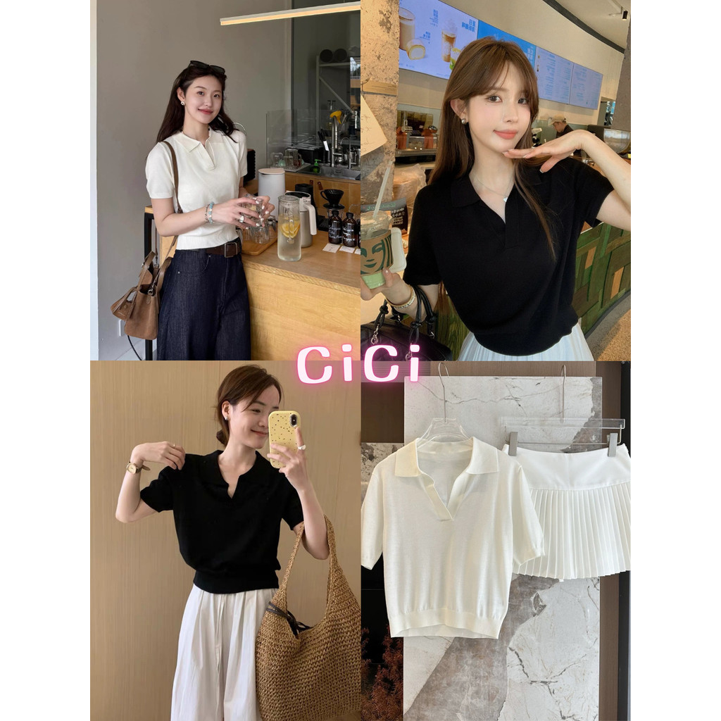 ส่งทันทีCici(NO. A81018) เสื้อไหมพรมแขนสั้นคอปกสีพื้น ผ้ายืดทรงหลวมใส่สบาย สไตล์ฤูดูร้อน