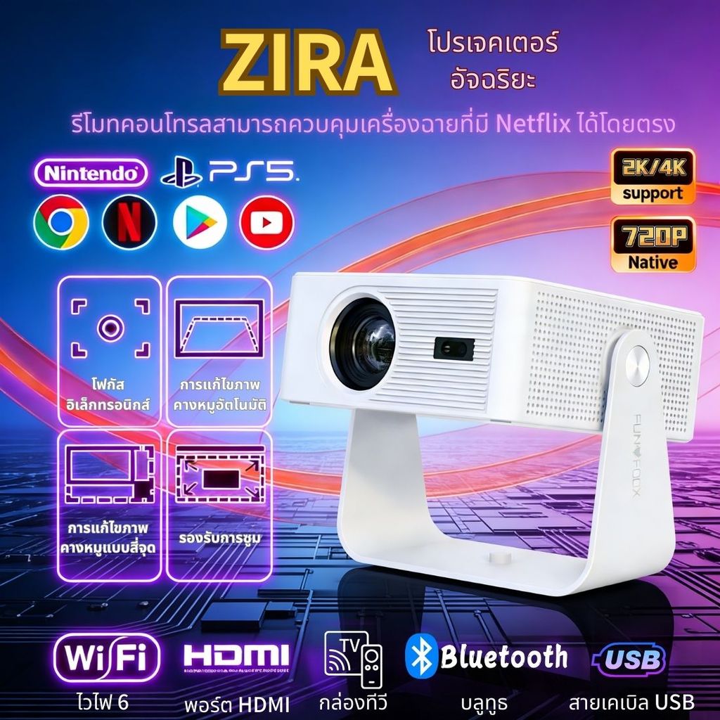 [1299฿ โปร1เดือน] FUNFOOX ZIRA โปรเจคเตอร์ควบคุมNetflixได้ 40°Cทนความร้อน 2เมตร100นิ้ว 720P Android1