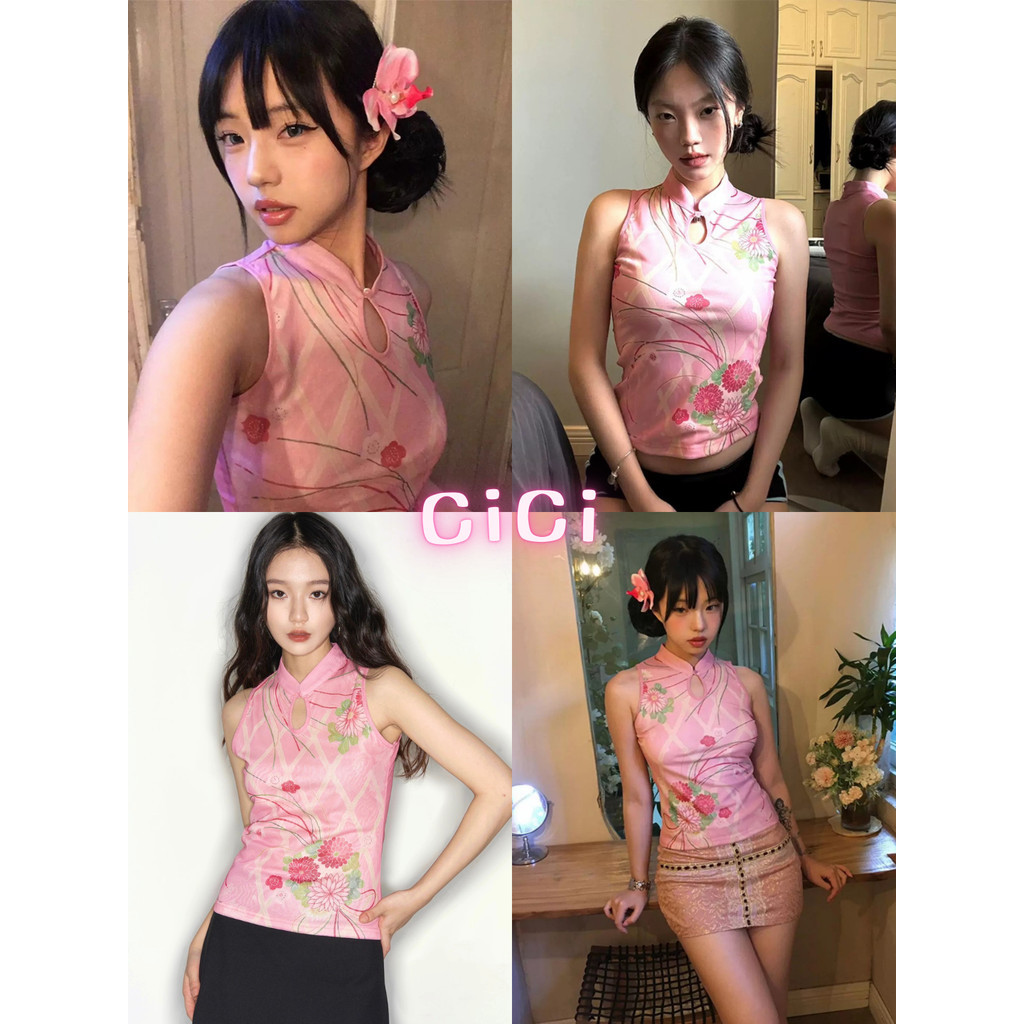 ส่งทันทีCici(NO. H88151) เสื้อซีทรูแขนกุดคอจีนสีชมพู พิมพ์ลายดอกไม้ เสื้อสไตล์ตรุษจีน เหมาะกับฤดูร้อน
