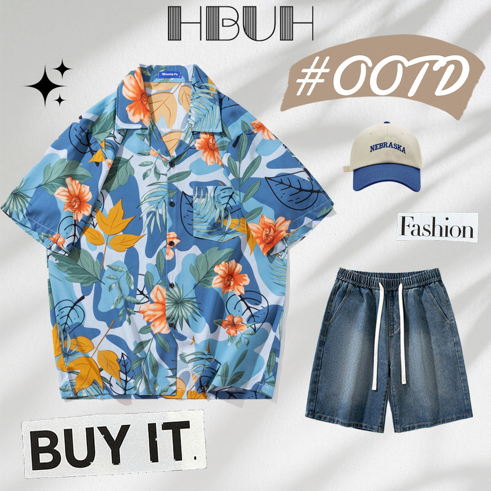 HBUH เสื้อฮาวาย เสื้อเชิ้ตสงกรานต์ลายดอก hawaiiสไตล์เกาหลี
