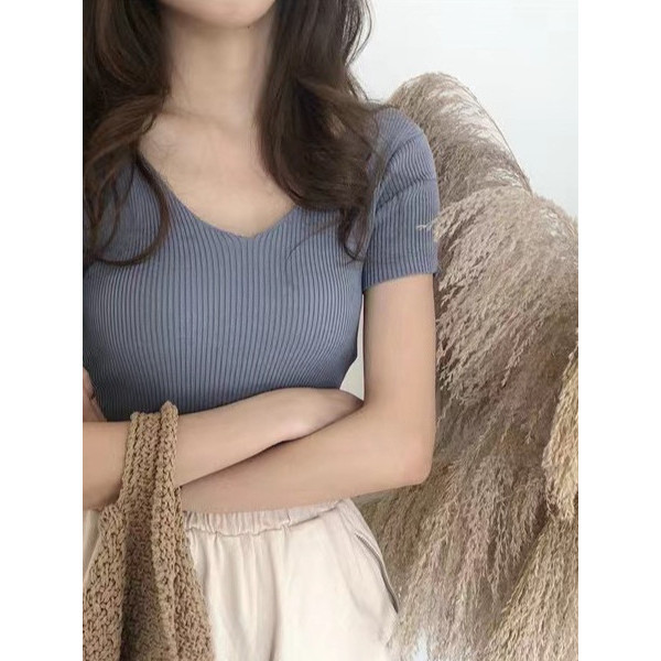 ✨ MKL ✨ Knitted V-neck เสื้อไหมพรมคอวี ผ้าร่อง สีพื้น แขนสั้น เสื้อยืด #9966