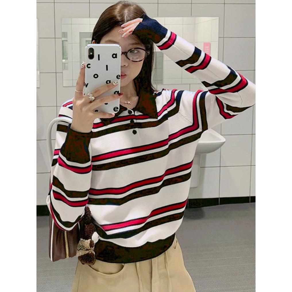 Maomao​💜พร้อมส่ง🌟 เสื้อไหมพรมแขนยาว คอปก ชุดออกเดท เสื้อแขนยาว ดีเทลลายทางสไตล์เกาหลี ในสไตล์หวานแสบ J56-1