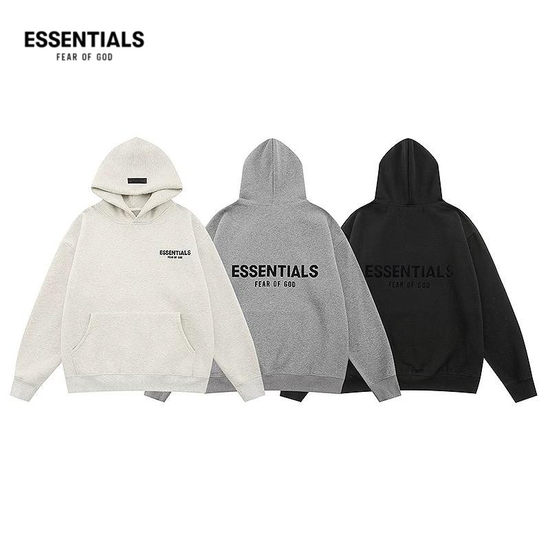 【ของแท้100%】Fear of God Essentials SS22 เสื้อกันหนาวมีฮู้ดสีข้าวโอ๊ตไลท์โลโก้ Flocked เสื้อสเวตเตอร์สไตล์อเมริกัน