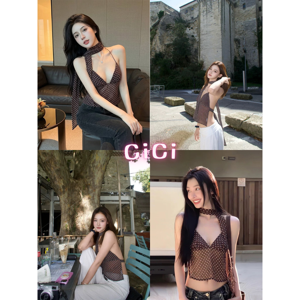 ส่งทันที Cici(No. H88161) เสื้อสายเดี่ยวผูกคอลายPolka dots ดีเทลโชว์หลังเซ็กซี่ร้อนแรงสุด มีผ้าผันคอ สไตล์สาวเฟียส